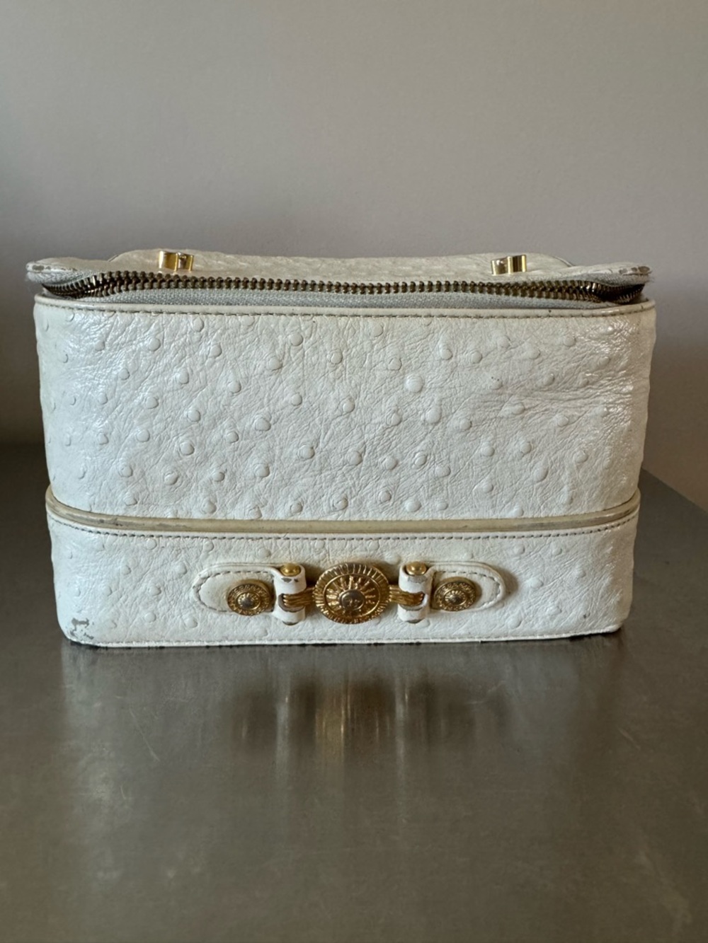 Versace Ostrich-Textured Vanity Bag with Gold Hardware